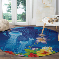 Fiji Jellyfish Round Carpet Tapa Patterns and Hibiscus Sea Vibe