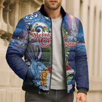 New Zealand Merry Christmas Bomber Puffer Jacket Maori Tribal Pattern with Xmas Tui Bird