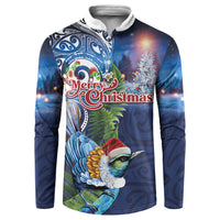 New Zealand Merry Christmas Button Sweatshirt Maori Tribal Pattern with Xmas Tui Bird