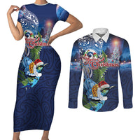 New Zealand Merry Christmas Couples Matching Short Sleeve Bodycon Dress and Long Sleeve Button Shirt Maori Tribal Pattern with Xmas Tui Bird LT03 Multicolor - Polynesian Pride