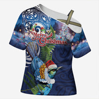 New Zealand Merry Christmas Cross Shoulder Shirt Maori Tribal Pattern with Xmas Tui Bird LT03 Female Multicolor - Polynesian Pride