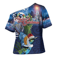 New Zealand Merry Christmas Cross Shoulder Shirt Maori Tribal Pattern with Xmas Tui Bird LT03 - Polynesian Pride