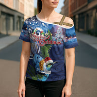 New Zealand Merry Christmas Cross Shoulder Shirt Maori Tribal Pattern with Xmas Tui Bird LT03 - Polynesian Pride