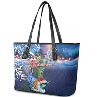 New Zealand Merry Christmas Leather Tote Bag Maori Tribal Pattern with Xmas Tui Bird LT03 - Polynesian Pride
