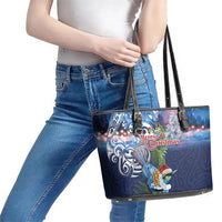 New Zealand Merry Christmas Leather Tote Bag Maori Tribal Pattern with Xmas Tui Bird LT03 - Polynesian Pride