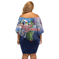 New Zealand Merry Christmas Off Shoulder Short Dress Maori Tribal Pattern with Xmas Tui Bird LT03 - Polynesian Pride