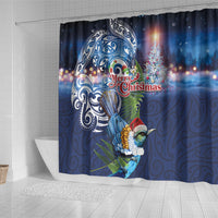 New Zealand Merry Christmas Shower Curtain Maori Tribal Pattern with Xmas Tui Bird LT03 - Polynesian Pride