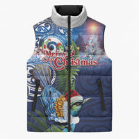 New Zealand Merry Christmas Sleeveless Puffer Jacket Maori Tribal Pattern with Xmas Tui Bird LT03 Unisex Multicolor - Polynesian Pride