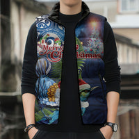 New Zealand Merry Christmas Sleeveless Puffer Jacket Maori Tribal Pattern with Xmas Tui Bird LT03 - Polynesian Pride