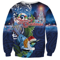 New Zealand Merry Christmas Sweatshirt Maori Tribal Pattern with Xmas Tui Bird