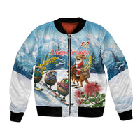 New Zealand and Australia Merry Christmas Bomber Jacket Kiwi Birds Skiing and Koala Santa Riding Kangaroo LT03 Unisex Multicolor - Polynesian Pride