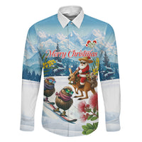 New Zealand and Australia Merry Christmas Family Matching Puletasi and Hawaiian Shirt Kiwi Birds Skiing and Koala Santa Riding Kangaroo LT03 Dad's Shirt - Long Sleeve Multicolor - Polynesian Pride