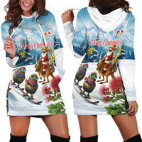New Zealand and Australia Merry Christmas Hoodie Dress Kiwi Birds Skiing and Koala Santa Riding Kangaroo LT03 - Polynesian Pride