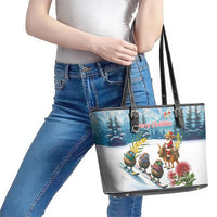 New Zealand and Australia Merry Christmas Leather Tote Bag Kiwi Birds Skiing and Koala Santa Riding Kangaroo LT03 - Polynesian Pride