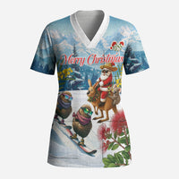New Zealand and Australia Merry Christmas Scrub Top Kiwi Birds Skiing and Koala Santa Riding Kangaroo LT03 Adult Multicolor - Polynesian Pride