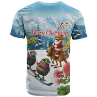 New Zealand and Australia Merry Christmas T Shirt Kiwi Birds Skiing and Koala Santa Riding Kangaroo LT03 - Polynesian Pride