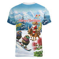 New Zealand and Australia Merry Christmas Women V-Neck T-Shirt Kiwi Birds Skiing and Koala Santa Riding Kangaroo LT03 - Polynesian Pride