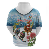 New Zealand and Australia Merry Christmas Zip Hoodie Kiwi Birds Skiing and Koala Santa Riding Kangaroo LT03 - Polynesian Pride