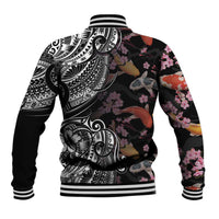 Hawaiian and Japanese Together Baseball Jacket Polynesian Triball Tattoo Koi Carps and Sakura
