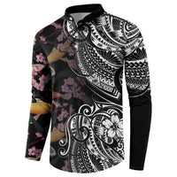 Hawaiian and Japanese Together Button Sweatshirt Polynesian Triball Tattoo Koi Carps and Sakura