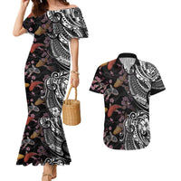 Hawaiian and Japanese Together Couples Matching Mermaid Dress and Hawaiian Shirt Polynesian Triball Tattoo Koi Carps and Sakura LT03 Black - Polynesian Pride
