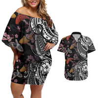 Hawaiian and Japanese Together Couples Matching Off Shoulder Short Dress and Hawaiian Shirt Polynesian Triball Tattoo Koi Carps and Sakura