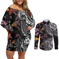 Hawaiian and Japanese Together Couples Matching Off Shoulder Short Dress and Long Sleeve Button Shirt Polynesian Triball Tattoo Koi Carps and Sakura