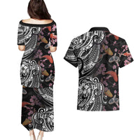 Hawaiian and Japanese Together Couples Matching Puletasi and Hawaiian Shirt Polynesian Triball Tattoo Koi Carps and Sakura