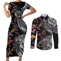 Hawaiian and Japanese Together Couples Matching Short Sleeve Bodycon Dress and Long Sleeve Button Shirt Polynesian Triball Tattoo Koi Carps and Sakura