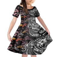 Hawaiian and Japanese Together Family Matching Off The Shoulder Long Sleeve Dress and Hawaiian Shirt Polynesian Triball Tattoo Koi Carps and Sakura