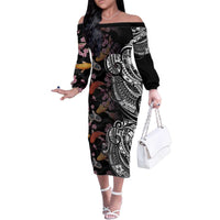 Hawaiian and Japanese Together Family Matching Off The Shoulder Long Sleeve Dress and Hawaiian Shirt Polynesian Triball Tattoo Koi Carps and Sakura