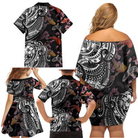 Hawaiian and Japanese Together Family Matching Off Shoulder Short Dress and Hawaiian Shirt Polynesian Triball Tattoo Koi Carps and Sakura