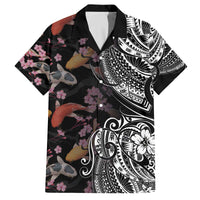 Hawaiian and Japanese Together Family Matching Off Shoulder Short Dress and Hawaiian Shirt Polynesian Triball Tattoo Koi Carps and Sakura