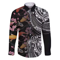 Hawaiian and Japanese Together Family Matching Puletasi and Hawaiian Shirt Polynesian Triball Tattoo Koi Carps and Sakura LT03 Dad's Shirt - Long Sleeve Black - Polynesian Pride