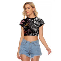 Hawaiian and Japanese Together Raglan Cropped T Shirt Polynesian Triball Tattoo Koi Carps and Sakura LT03 Female Black - Polynesian Pride