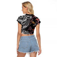 Hawaiian and Japanese Together Raglan Cropped T Shirt Polynesian Triball Tattoo Koi Carps and Sakura LT03 - Polynesian Pride