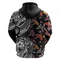 Hawaiian and Japanese Together Zip Hoodie Polynesian Triball Tattoo Koi Carps and Sakura LT03 - Polynesian Pride
