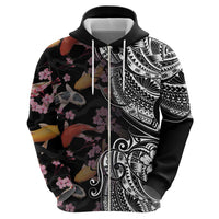 Hawaiian and Japanese Together Zip Hoodie Polynesian Triball Tattoo Koi Carps and Sakura LT03 - Polynesian Pride