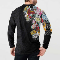 Hawaiian and Japanese Together Button Sweatshirt Colorful Traditional Japanese Tattoo and Kakau Pattern Black Color