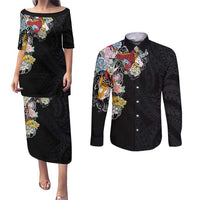 Hawaiian and Japanese Together Couples Matching Puletasi and Long Sleeve Button Shirt Colorful Traditional Japanese Tattoo and Kakau Pattern Black Color