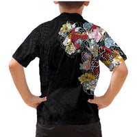 Hawaiian and Japanese Together Family Matching Mermaid Dress and Hawaiian Shirt Colorful Traditional Japanese Tattoo and Kakau Pattern Black Color