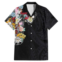 Hawaiian and Japanese Together Family Matching Mermaid Dress and Hawaiian Shirt Colorful Traditional Japanese Tattoo and Kakau Pattern Black Color