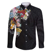 Hawaiian and Japanese Together Family Matching Mermaid Dress and Hawaiian Shirt Colorful Traditional Japanese Tattoo and Kakau Pattern Black Color