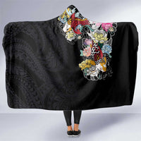Hawaiian and Japanese Together Hooded Blanket Colorful Traditional Japanese Tattoo and Kakau Pattern Black Color