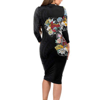 Hawaiian and Japanese Together Long Sleeve Bodycon Dress Colorful Traditional Japanese Tattoo and Kakau Pattern Black Color