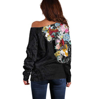 Hawaiian and Japanese Together Off Shoulder Sweater Colorful Traditional Japanese Tattoo and Kakau Pattern Black Color