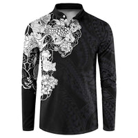 Hawaiian and Japanese Together Button Sweatshirt Japanese Koi Fish Tattoo and Kakau Pattern Black Color