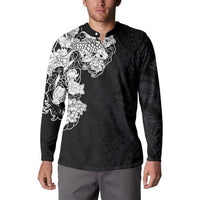 Hawaiian and Japanese Together Button Sweatshirt Japanese Koi Fish Tattoo and Kakau Pattern Black Color