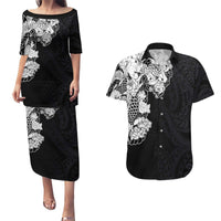 Hawaiian and Japanese Together Couples Matching Puletasi and Hawaiian Shirt Japanese Koi Fish Tattoo and Kakau Pattern Black Color