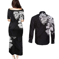 Hawaiian and Japanese Together Couples Matching Puletasi and Long Sleeve Button Shirt Japanese Koi Fish Tattoo and Kakau Pattern Black Color
